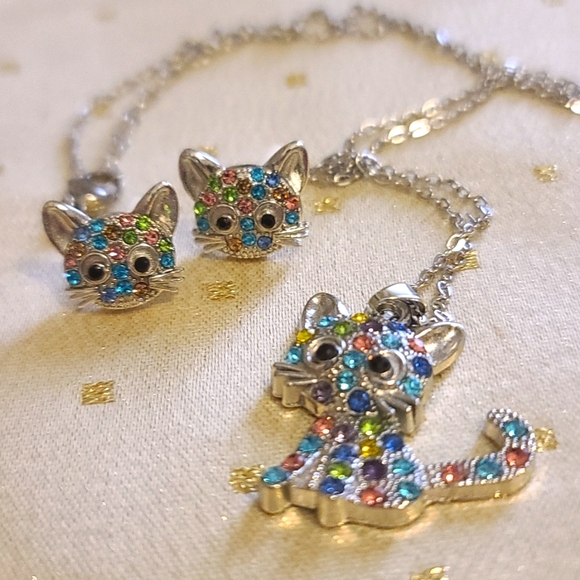 Cat Rhinestone Pendant Necklace Post Earrings Set, Sparkly Color, Adult Teen NWT - Picture 3 of 5